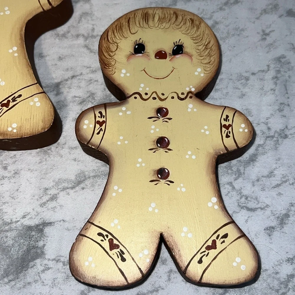 Vintage 1980s Set of 3 Wooden Hand Painted Gingerbread Family Stand Alone